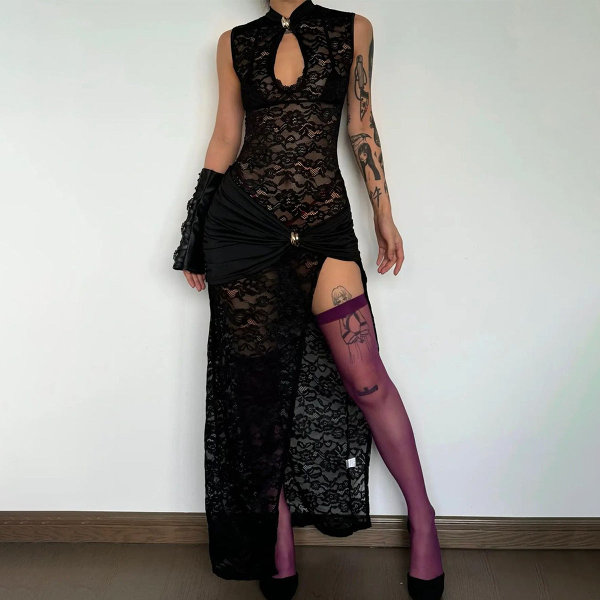 Hollow out high slit slim fit sleeveless dress for women