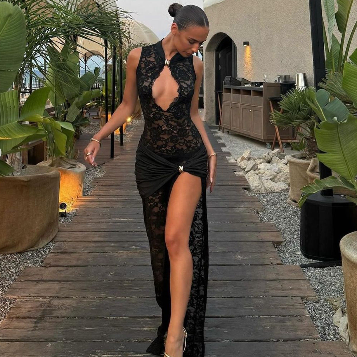 Hollow out high slit slim fit sleeveless dress for women