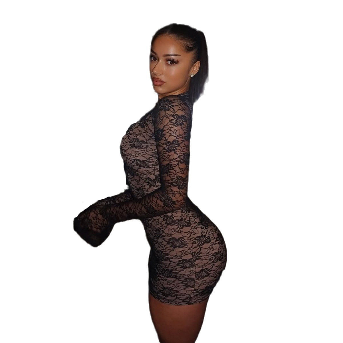Hollow out slim fit hip hugging long sleeved dress for women