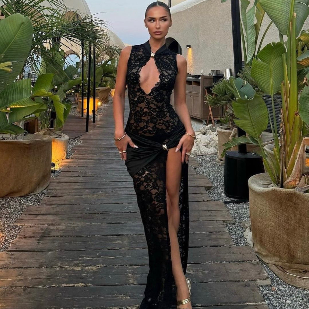 Hollow out high slit slim fit sleeveless dress for women