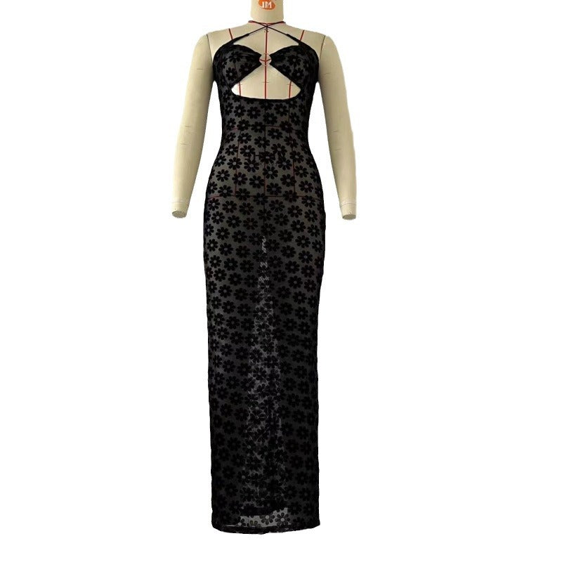 Hanging neck sexy hollow perspective slim fit dress with wrapped buttocks for women